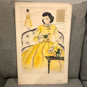 Original 1948 Watercolor Fashion Study by Karen Nelson, Yellow Tea Dress